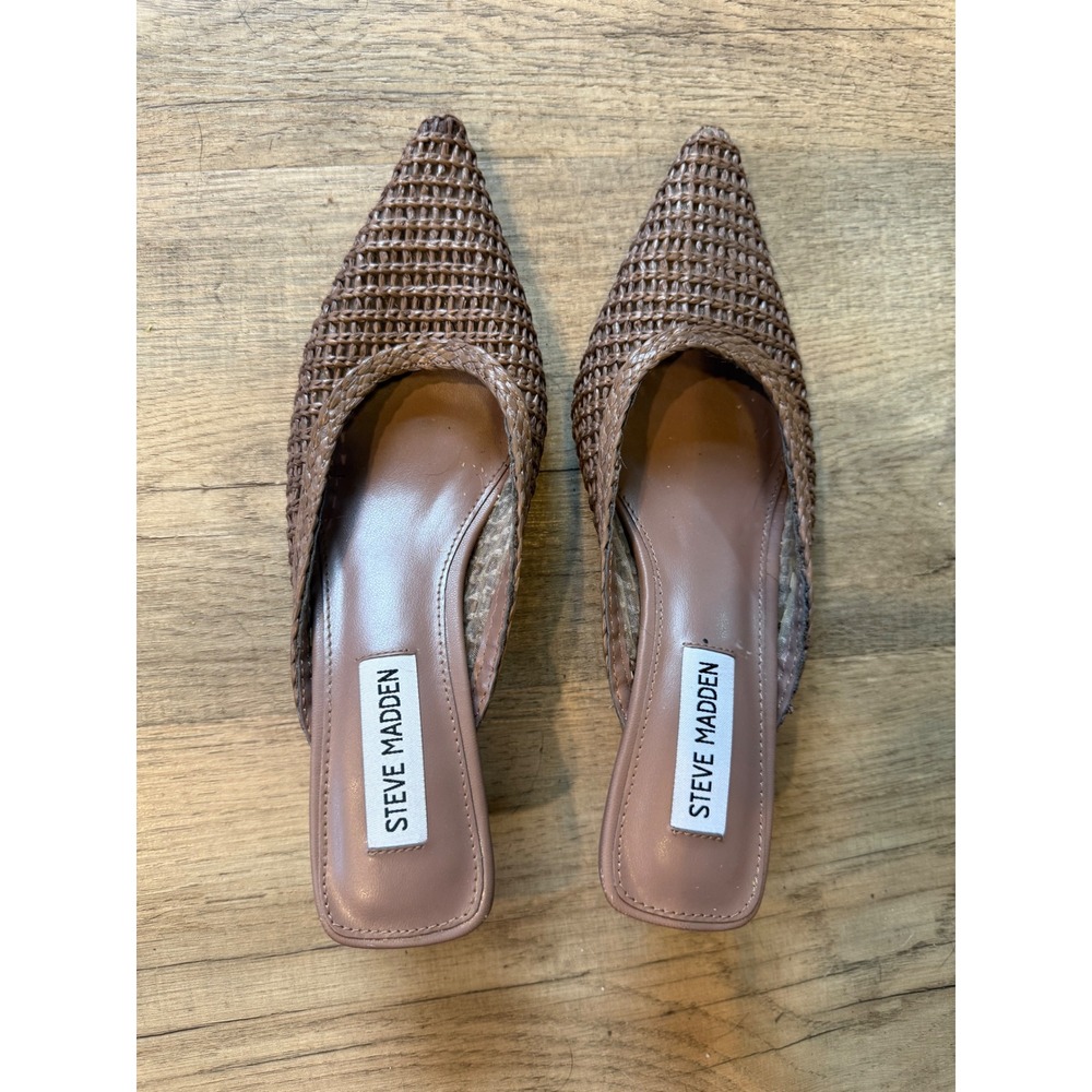 Steve Madden Clever-C Woven Mules Tan Brown Pointed Toe Kitten Heel Womens 6M
